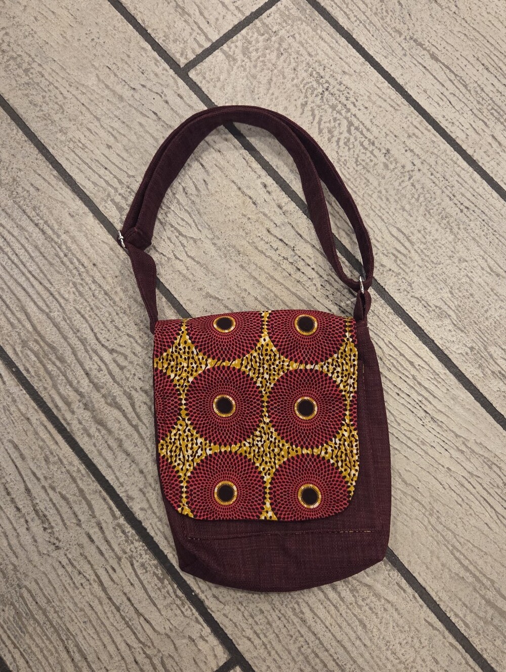 Maroon & Yellow Patterned Crossbody Bag